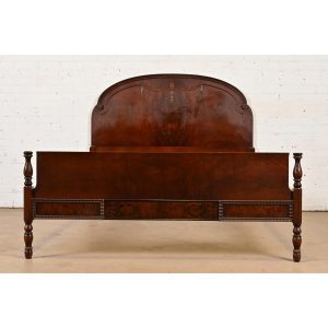 Berkey & Gay Style Antique French Regency Louis XVI Burled Walnut Full Size Bed, Circa 1920s