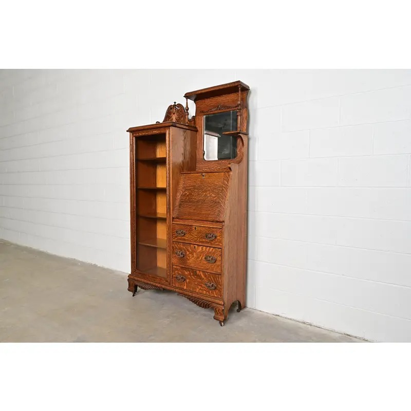 Antique Victorian Carved Tiger Oak Side-by-Side Bookcase With Drop Front Secretary Desk, Circa 1900 - Image 3