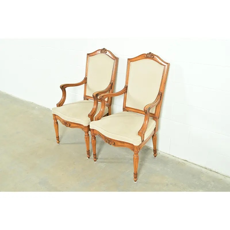 Baker Furniture Style French Regency Louis XVI Carved Walnut Armchairs or Dining Captain Chairs, Pair - Image 3