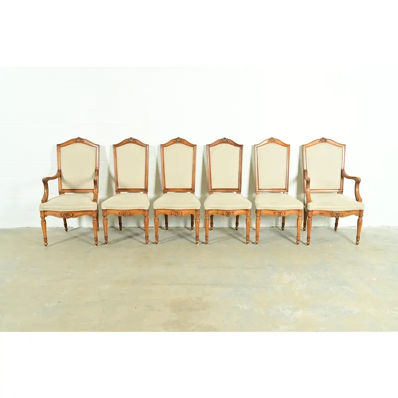 Baker Furniture Style French Regency Louis XVI Carved Walnut Dining Chairs, Set of Six - Image 3
