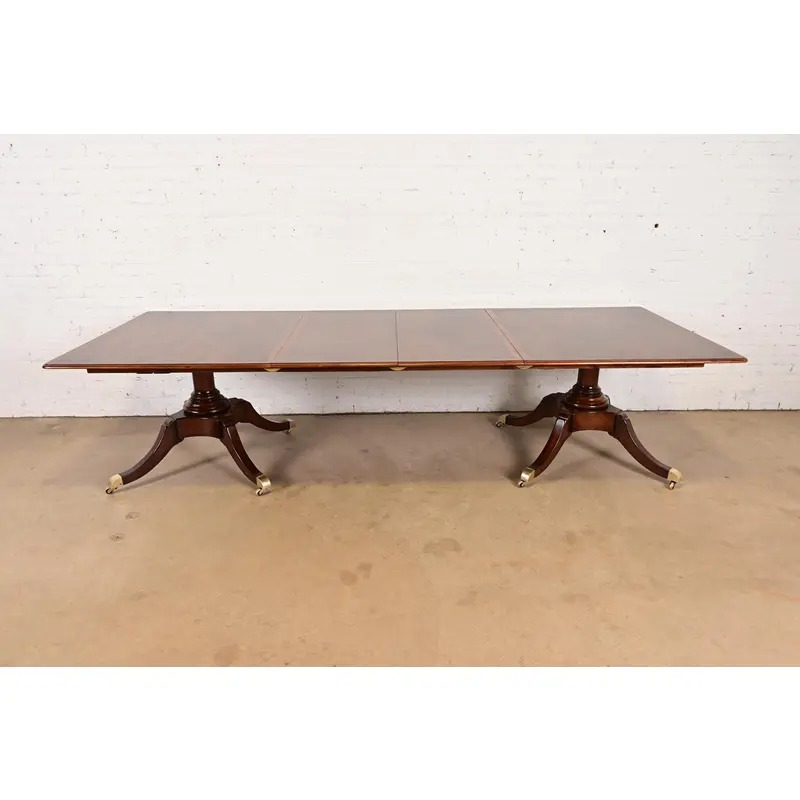 Baker Furniture Style Georgian Banded Mahogany Double Pedestal Extension Dining Table, Newly Refinished - Image 3