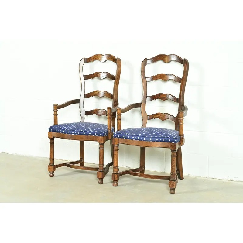Century Furniture French Country Carved Solid Oak Ladder Back Armchairs, Pair - Image 3