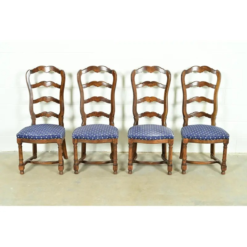 Century Furniture French Country Carved Solid Oak Ladder Back Dining Chairs, Set of Four - Image 3