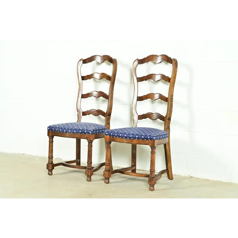 Century Furniture French Country Carved Solid Oak Ladder Back Side Chairs or Dining Chairs, Pair - Image 3