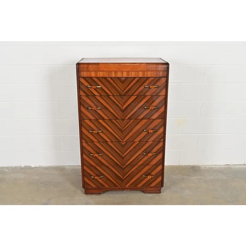 Donald Deskey Style Antique Art Deco Inlaid Walnut Waterfall Highboy Dresser or Chest of Drawers, Circa 1930s - Image 3
