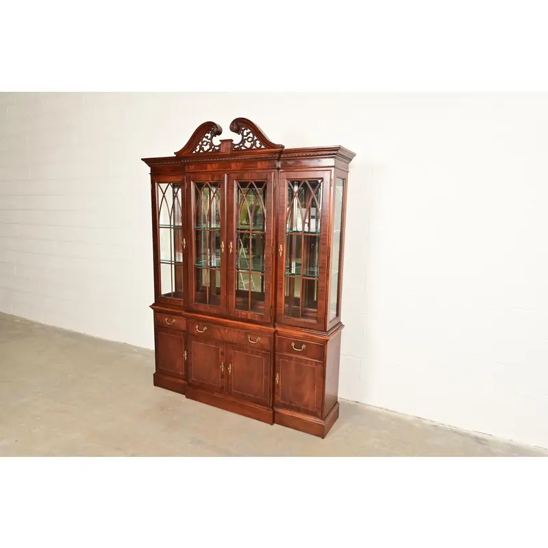 Ethan Allen Georgian Inlaid Mahogany Lighted Breakfront Bookcase Cabinet - Image 3