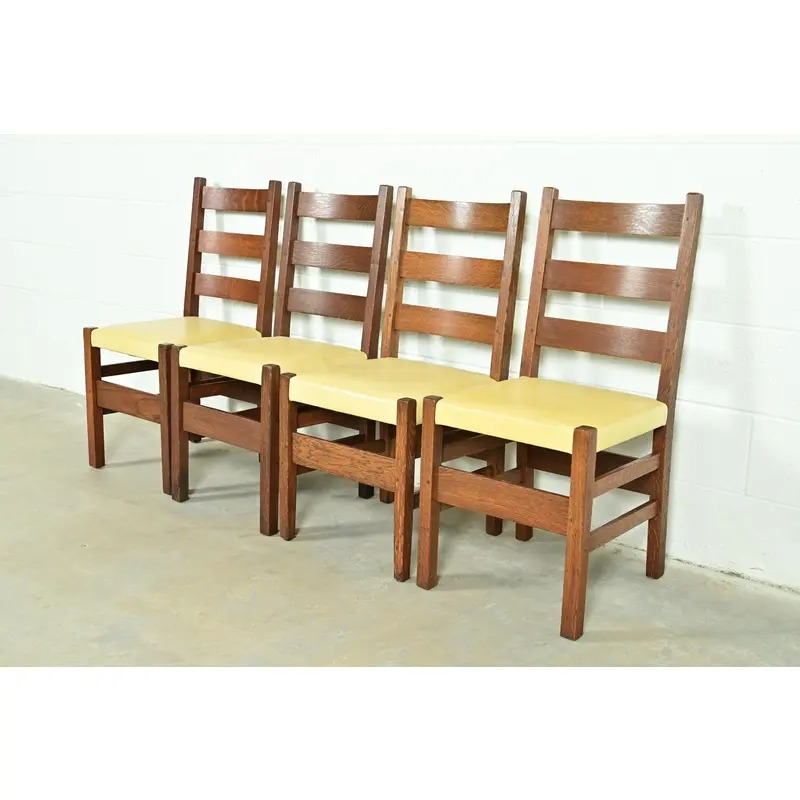 Gustav Stickley Antique Mission Oak Arts & Crafts Ladder Back Dining Chairs, Set of Four - Image 3