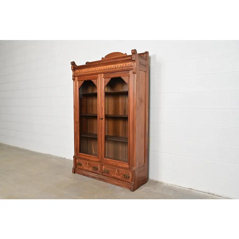 Herter Brothers Style Antique Eastlake Victorian Carved Burled Walnut Bookcase, Circa 1880s - Image 3