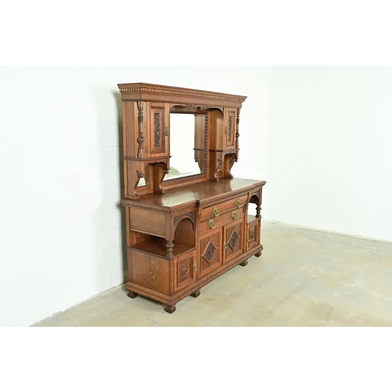 Herter Brothers Style Antique English Victorian Carved Oak Mirrored Back Bar or Sideboard, Circa 1890s - Image 3