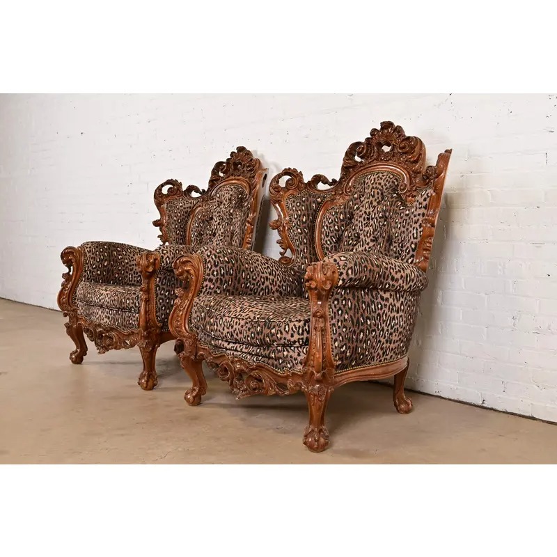 Italian Baroque Ornate Carved Walnut Throne Chairs or Lounge Chairs With Leopard Print Upholstery - Image 3