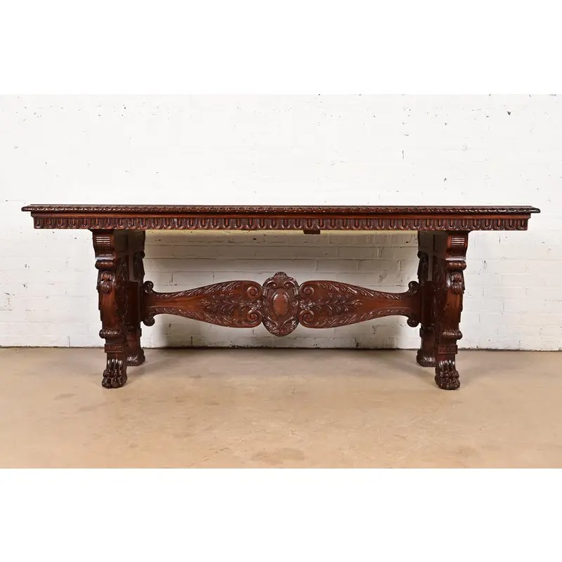 R. J. Horner Style Antique Italian Renaissance Carved Walnut Desk or Library Table With Lion Paw Feet, Circa 1890s - Image 3