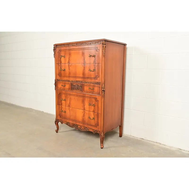 Romweber Style Antique French Provincial Louis XV Carved Satinwood and Burl Wood Highboy Dresser, Circa 1920s - Image 3