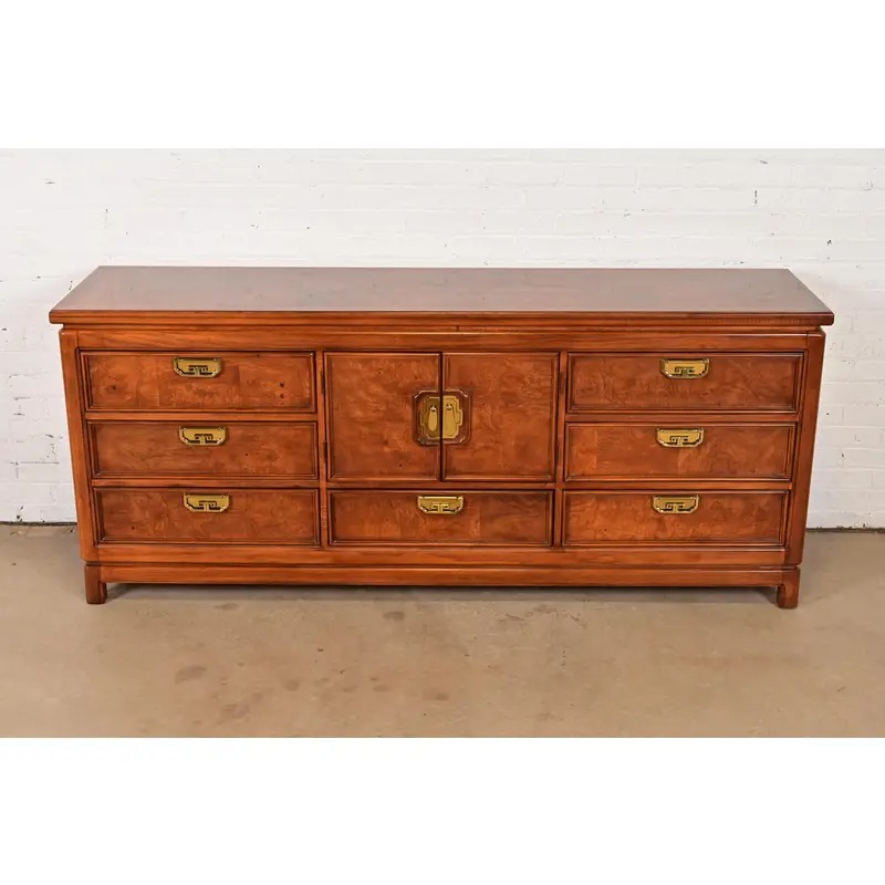 Thomasville Mid-Century Hollywood Regency Chinoiserie Burl Wood Long Dresser or Credenza, Circa 1970s - Image 3