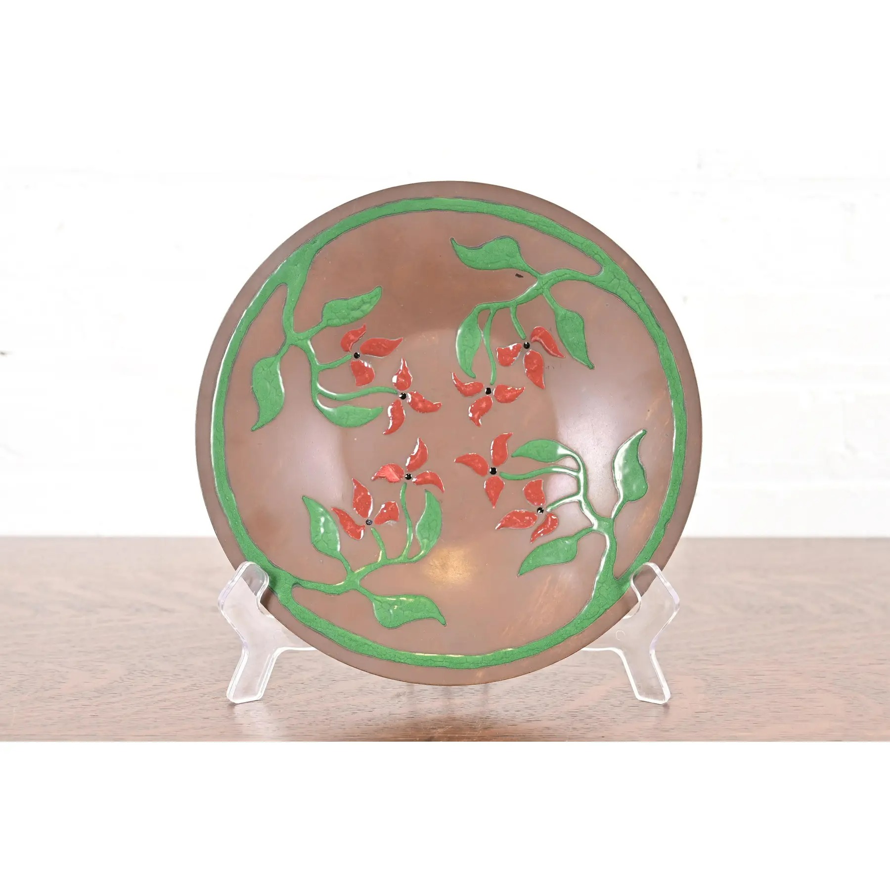 Art Crafts Shop Antique Hammered Copper and Enamel Plate, Circa 1905 - Image 2