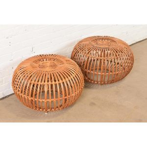 Franco Albini Mid-Century Organic Modern Italian Rattan Pouf Ottomans, Pair