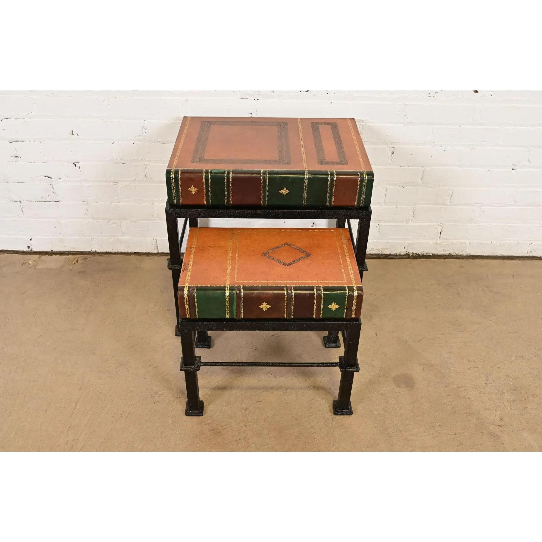 Maitland Smith Trompe l'Oeil Leather Book Nesting Tables, Set of Two - Image 3