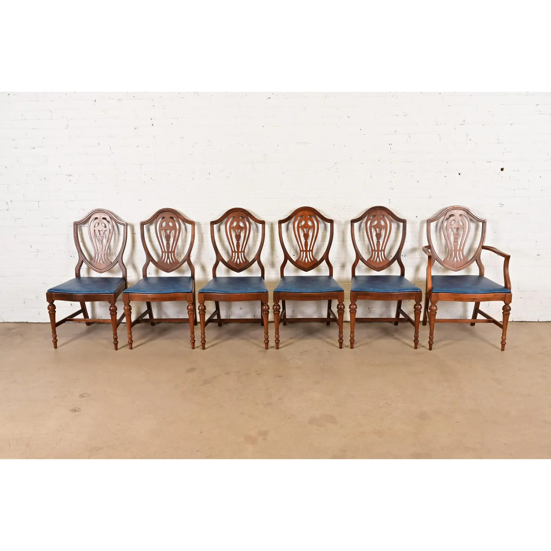 Baker Furniture Style Federal Carved Mahogany Shield Back Dining Chairs, Set of Six - Image 3