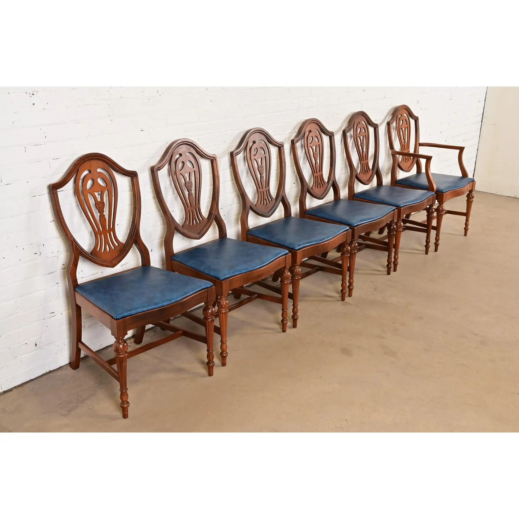 Baker Furniture Style Federal Carved Mahogany Shield Back Dining Chairs, Set of Six - Image 4