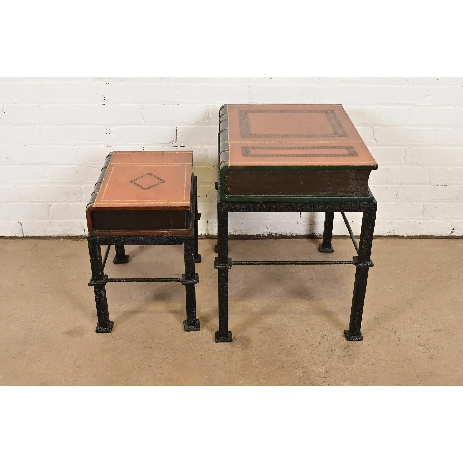 Maitland Smith Trompe l'Oeil Leather Book Nesting Tables, Set of Two - Image 7