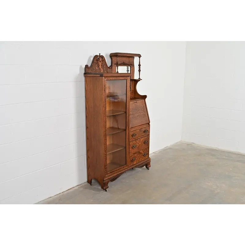 Antique Victorian Carved Tiger Oak Side-by-Side Bookcase With Drop Front Secretary Desk, Circa 1900 - Image 4