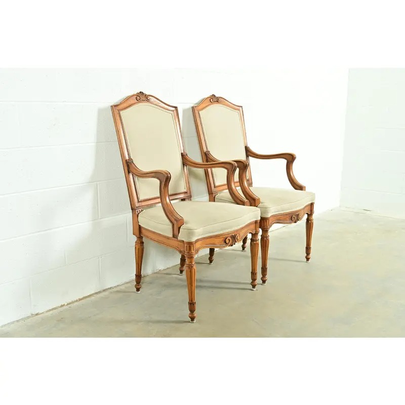 Baker Furniture Style French Regency Louis XVI Carved Walnut Armchairs or Dining Captain Chairs, Pair - Image 4
