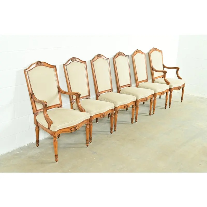 Baker Furniture Style French Regency Louis XVI Carved Walnut Dining Chairs, Set of Six - Image 4