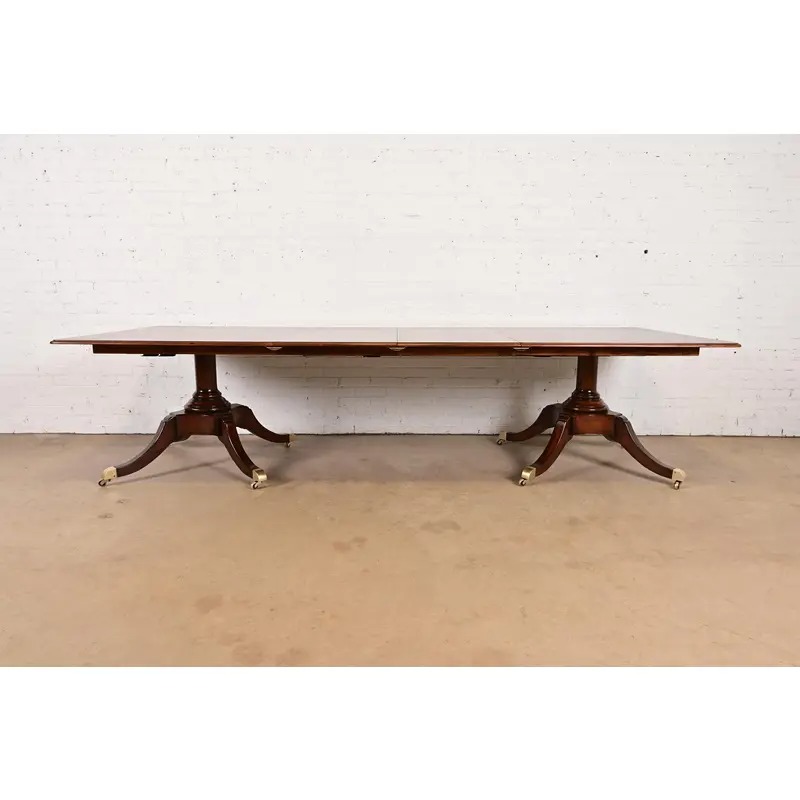 Baker Furniture Style Georgian Banded Mahogany Double Pedestal Extension Dining Table, Newly Refinished - Image 4