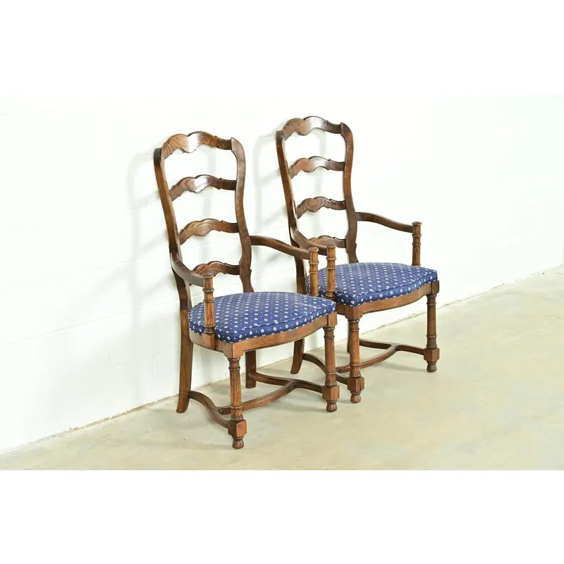 Century Furniture French Country Carved Solid Oak Ladder Back Armchairs, Pair - Image 4