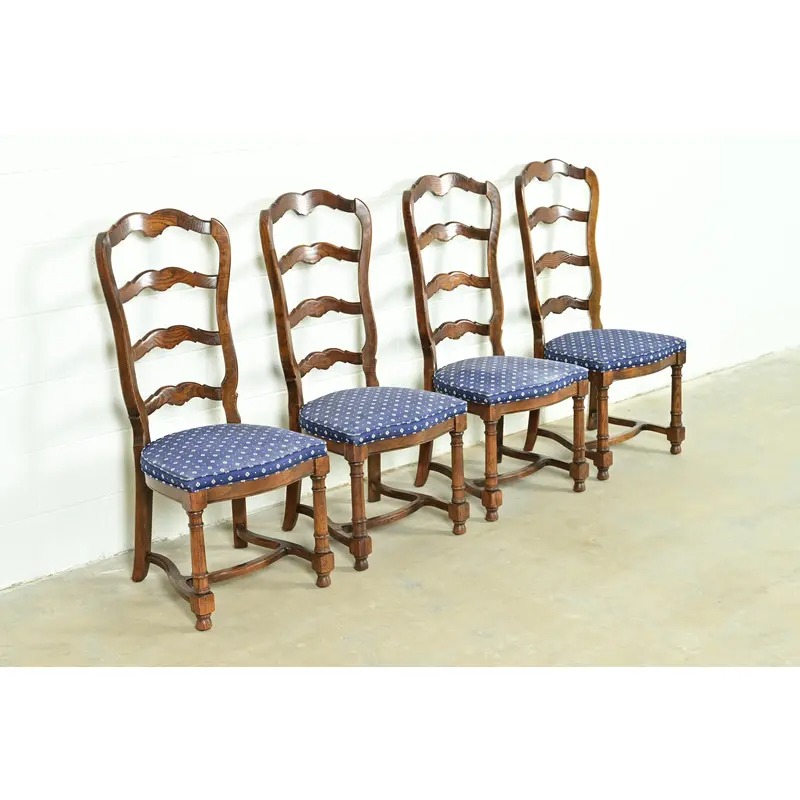 Century Furniture French Country Carved Solid Oak Ladder Back Dining Chairs, Set of Four - Image 4