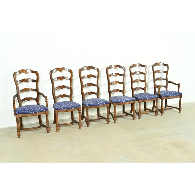 Century Furniture French Country Carved Solid Oak Ladder Back Dining Chairs, Set of Six - Image 4