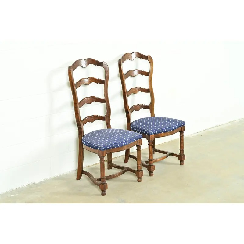 Century Furniture French Country Carved Solid Oak Ladder Back Side Chairs or Dining Chairs, Pair - Image 4
