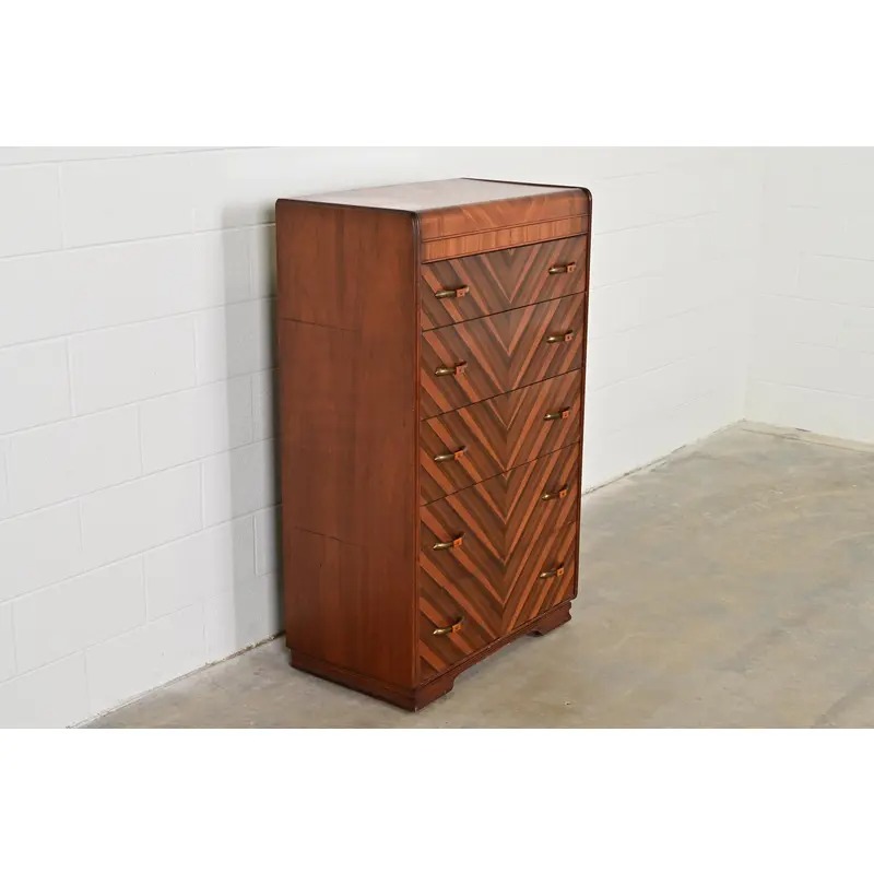 Donald Deskey Style Antique Art Deco Inlaid Walnut Waterfall Highboy Dresser or Chest of Drawers, Circa 1930s - Image 4