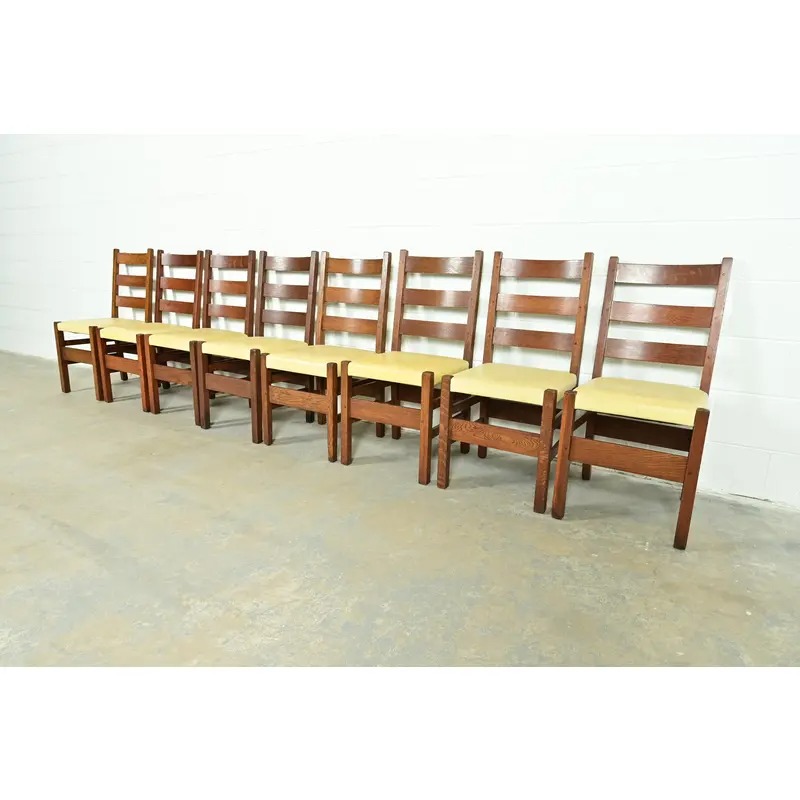 Gustav Stickley Antique Mission Oak Arts & Crafts Ladder Back Dining Chairs, Set of Eight - Image 4