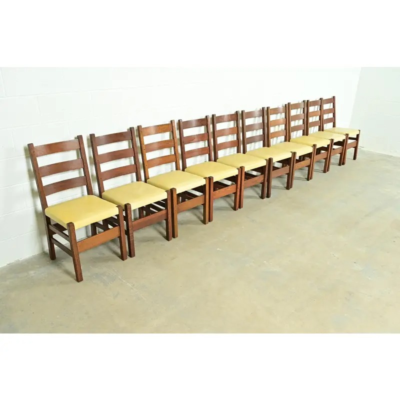 Gustav Stickley Antique Mission Oak Arts & Crafts Ladder Back Dining Chairs, Set of Ten - Image 4