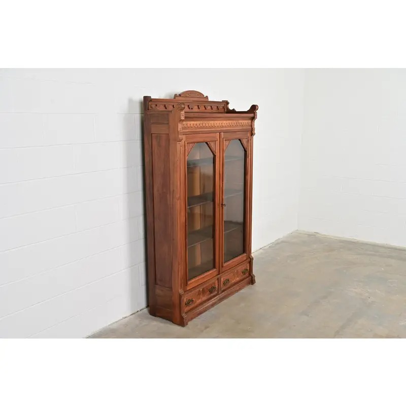 Herter Brothers Style Antique Eastlake Victorian Carved Burled Walnut Bookcase, Circa 1880s - Image 4