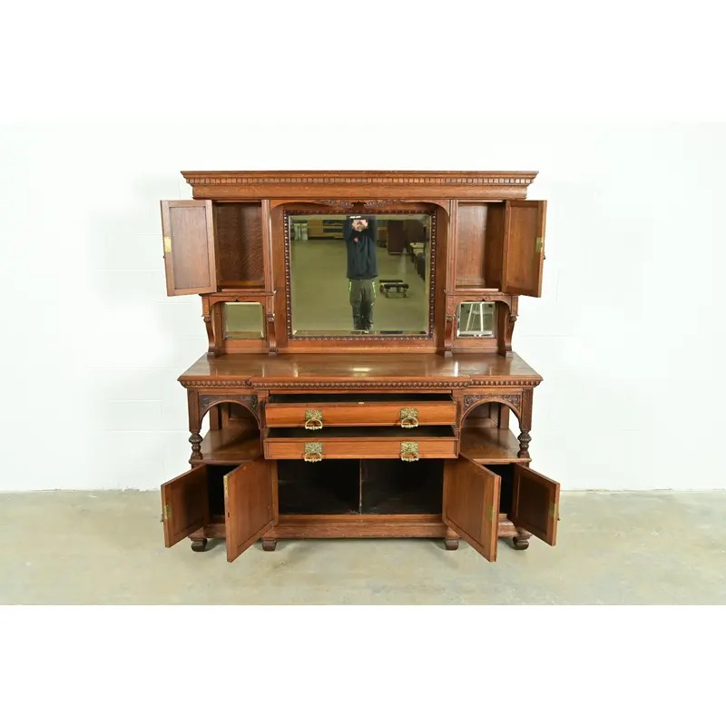 Herter Brothers Style Antique English Victorian Carved Oak Mirrored Back Bar or Sideboard, Circa 1890s - Image 4