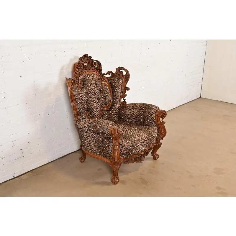 Italian Baroque Ornate Carved Walnut Throne Chair or Lounge Chair With Leopard Print Upholstery - Image 4