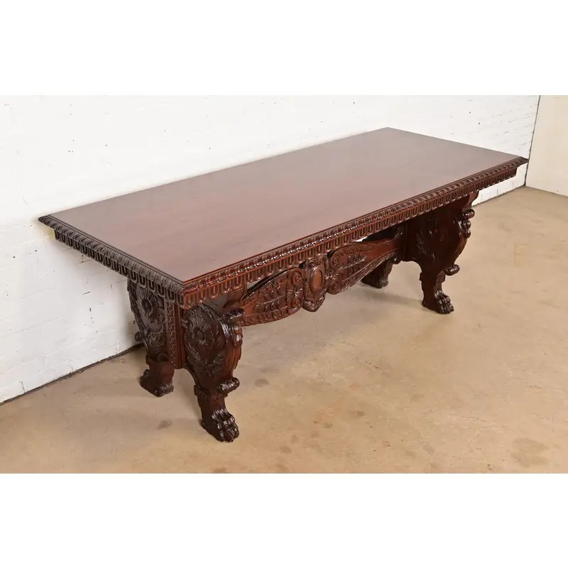 R. J. Horner Style Antique Italian Renaissance Carved Walnut Desk or Library Table With Lion Paw Feet, Circa 1890s - Image 4