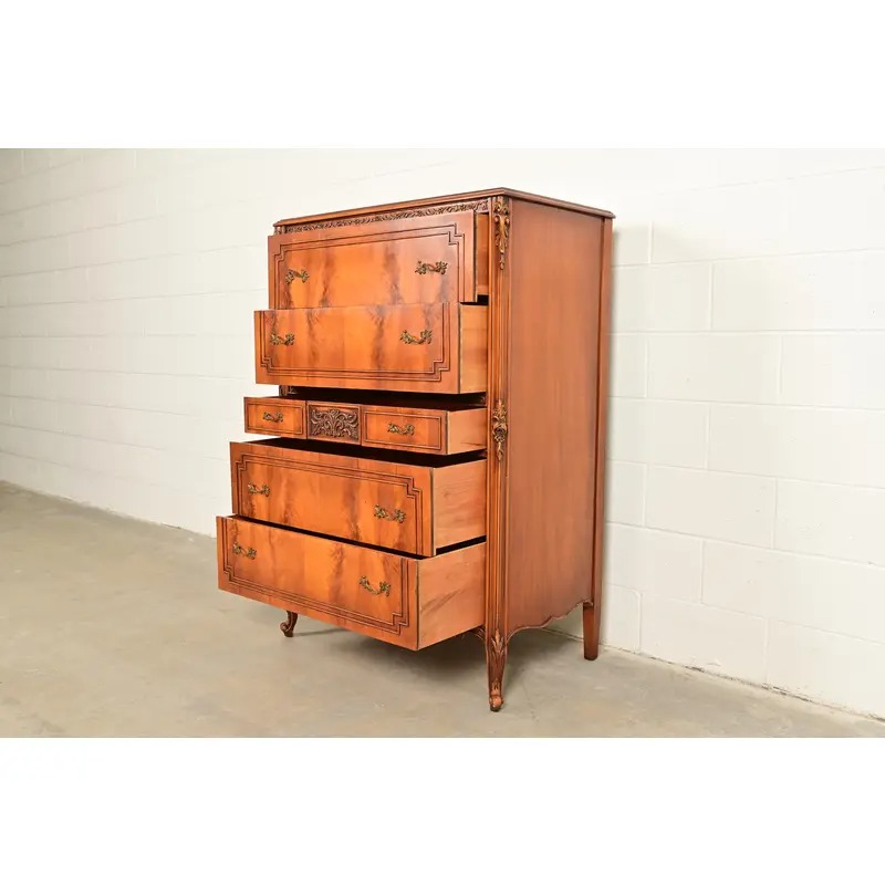 Romweber Style Antique French Provincial Louis XV Carved Satinwood and Burl Wood Highboy Dresser, Circa 1920s - Image 4