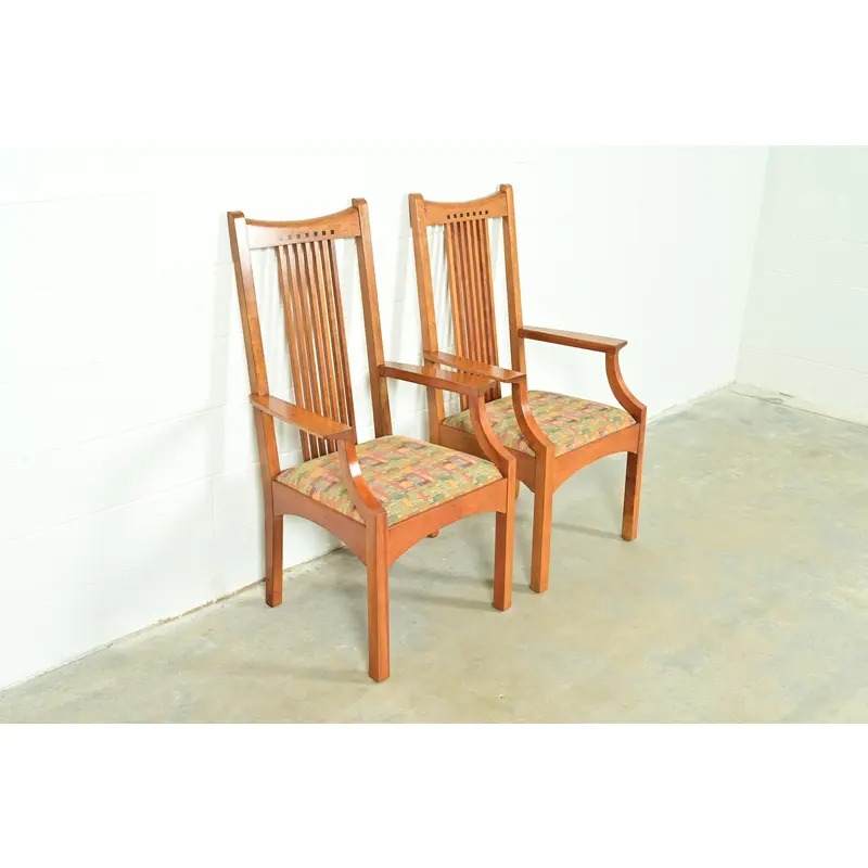 Stickley Arts & Crafts Cherry Wood High Back Spindle Armchairs, Pair - Image 4