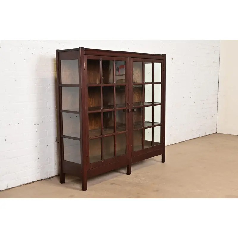 Stickley Brothers Style Antique Mission Oak Arts & Crafts Glass Front Bookcase Cabinet, Circa 1900 - Image 4