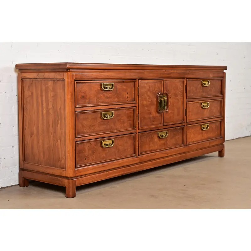 Thomasville Mid-Century Hollywood Regency Chinoiserie Burl Wood Long Dresser or Credenza, Circa 1970s - Image 4