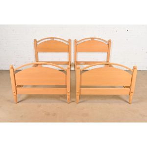 Ethan Allen Modern Carved Solid Maple Twin Size Beds, Pair