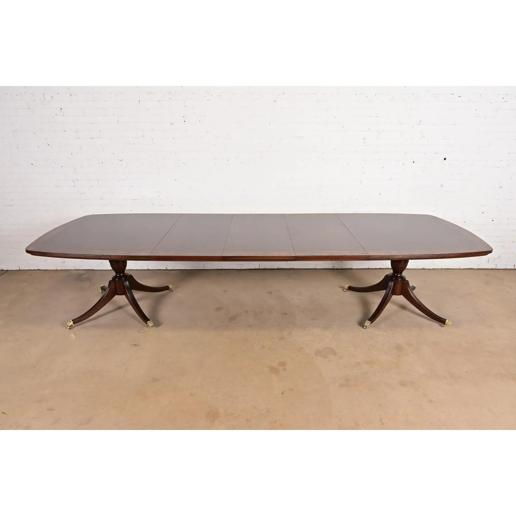 John Widdicomb Georgian Banded Mahogany Double Pedestal Extension Dining Table, Newly Refinished - Image 2