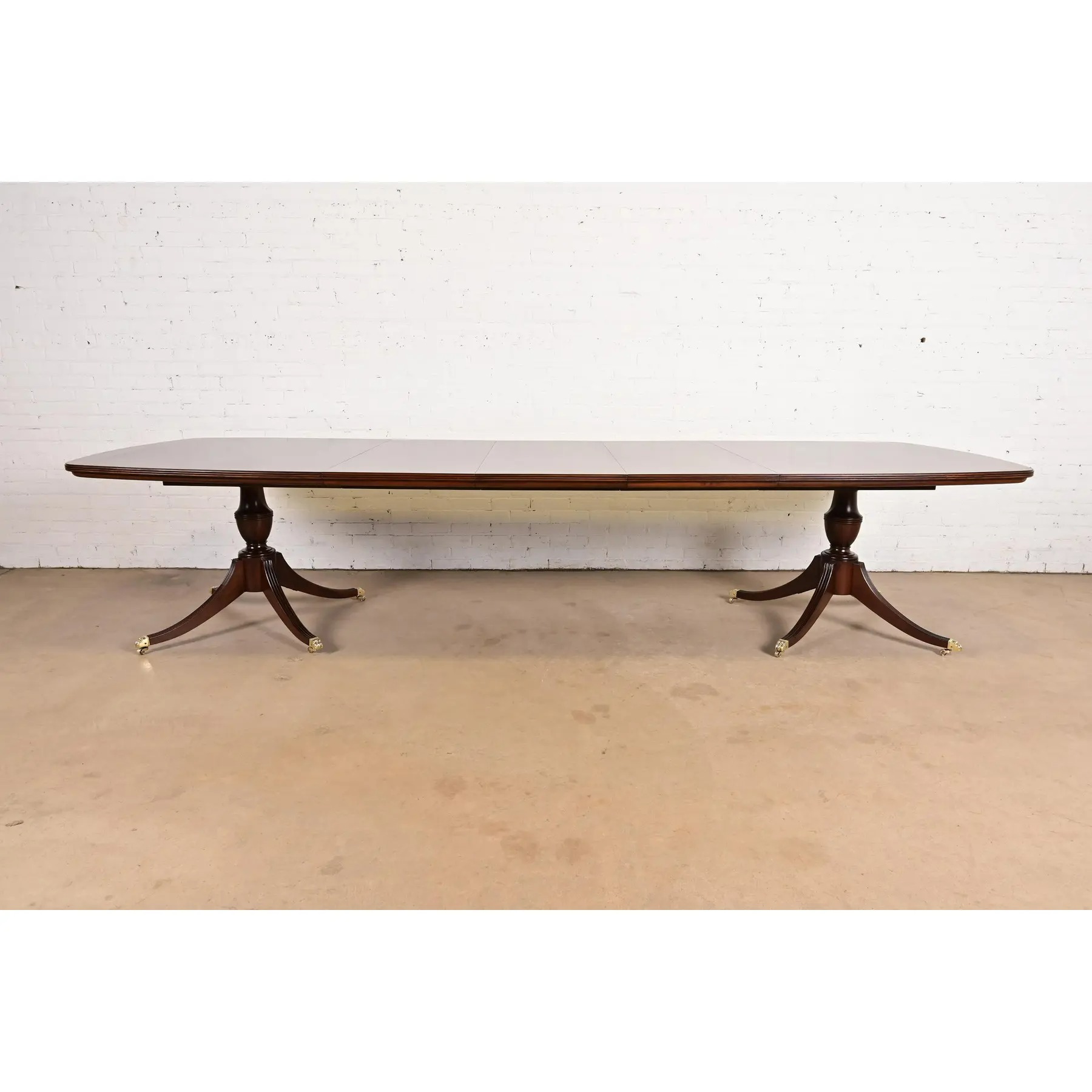 John Widdicomb Georgian Banded Mahogany Double Pedestal Extension Dining Table, Newly Refinished - Image 3