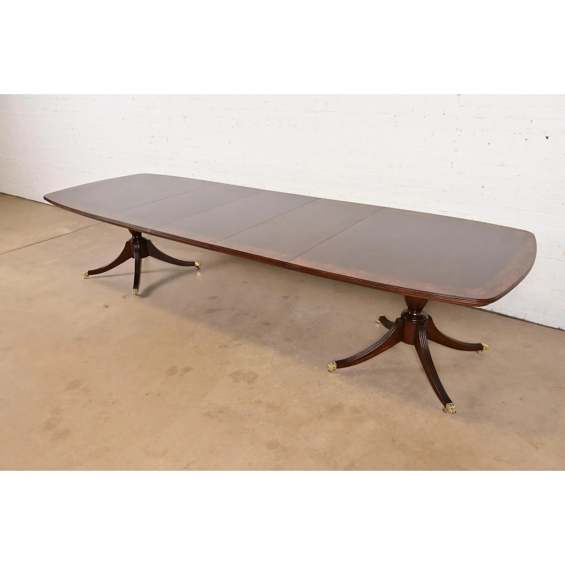 John Widdicomb Georgian Banded Mahogany Double Pedestal Extension Dining Table, Newly Refinished - Image 4