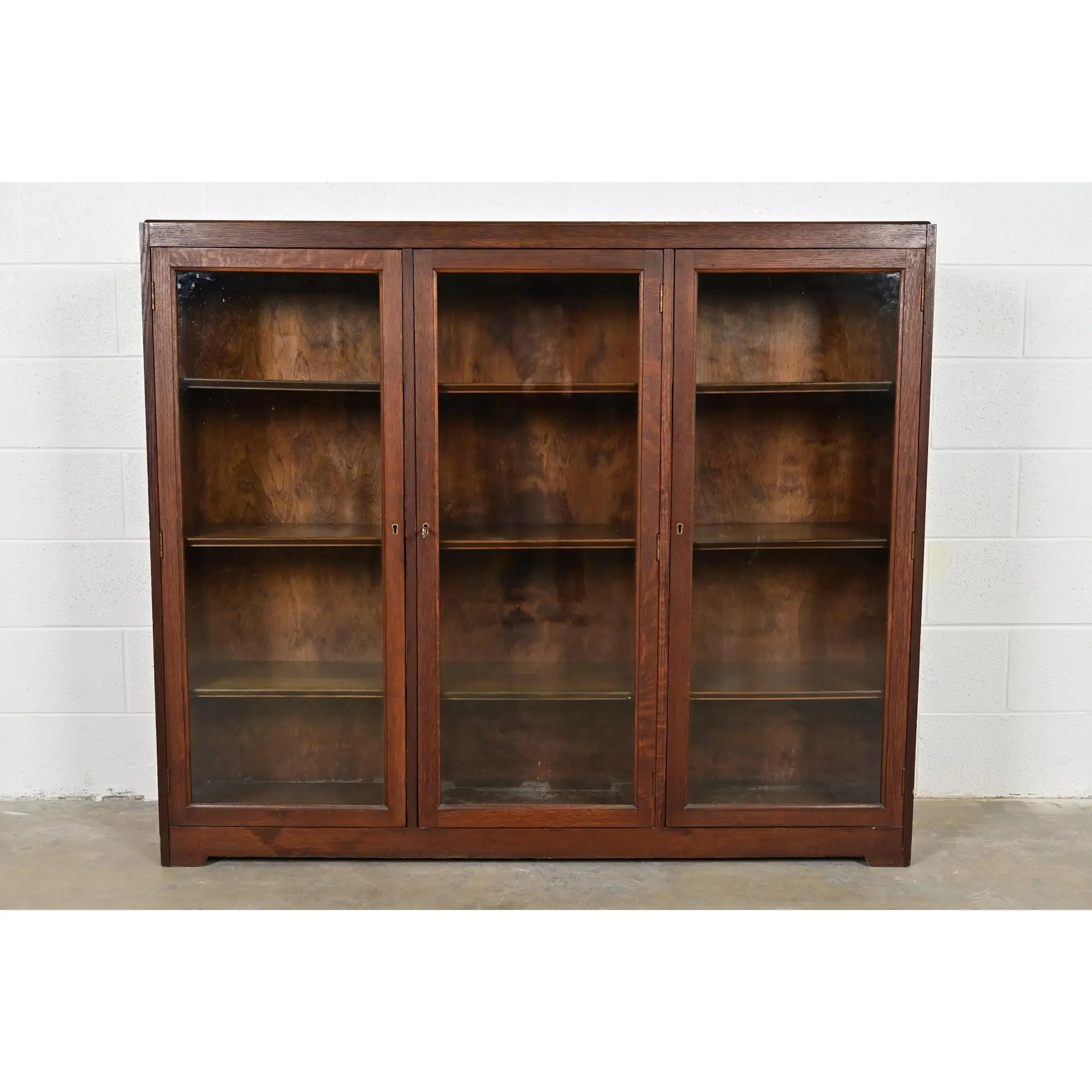 Limbert Style Antique Mission Oak Arts and Crafts Triple Bookcase Cabinet, Circa 1900