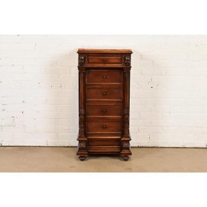 Antique Italian Renaissance Revival Carved Walnut and Marble Top Bedside Chest, Circa 1880s