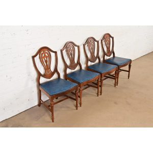 Baker Furniture Style Federal Carved Mahogany Shield Back Dining Chairs, Set of Four