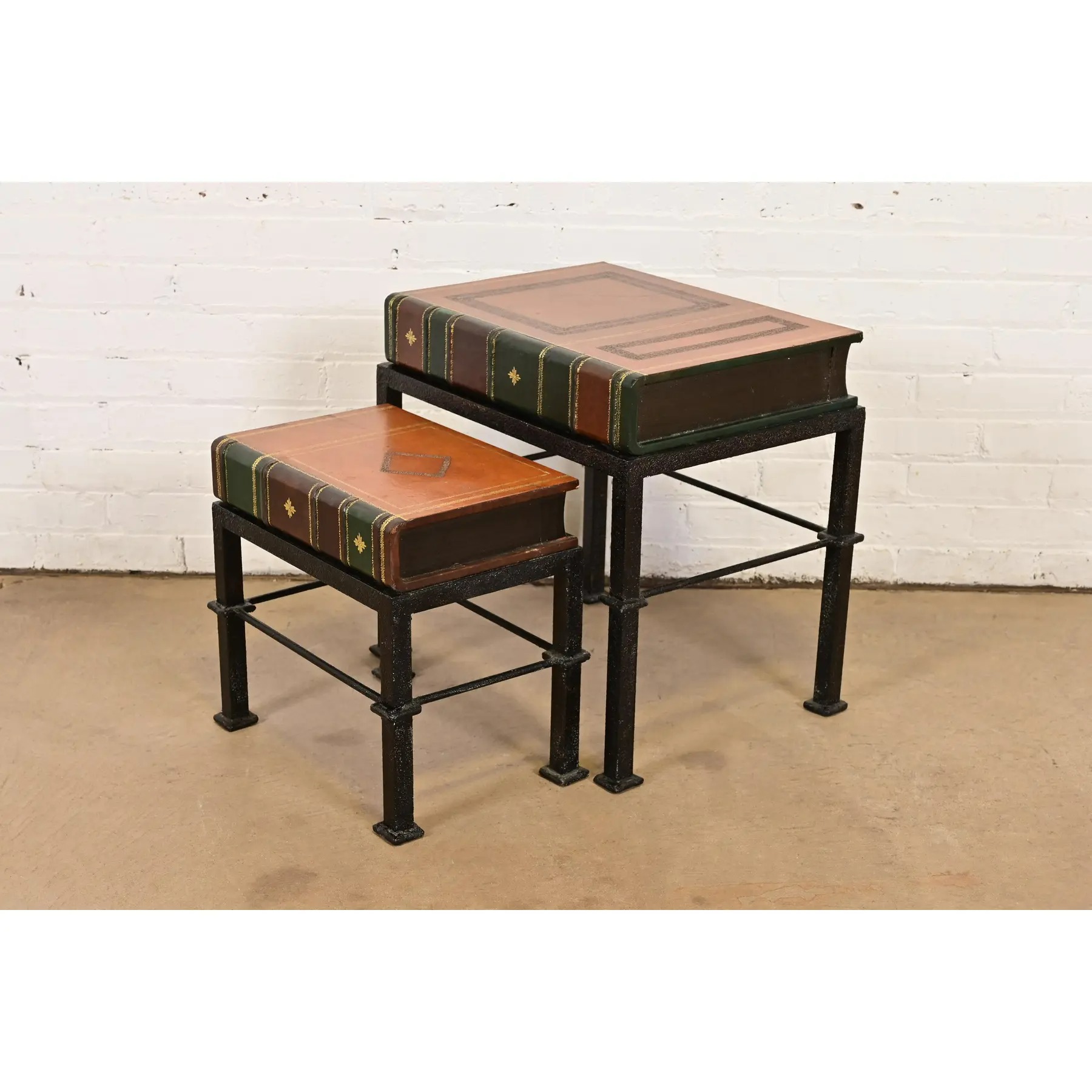 Maitland Smith Trompe l'Oeil Leather Book Nesting Tables, Set of Two